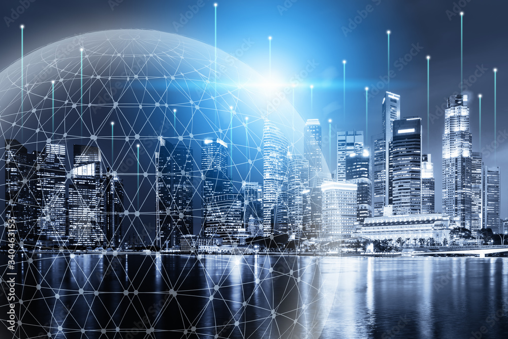 Technology Network Connect and Intelligence Smart City, Communication 5G Networking for Global Business Futuristic. Digital Big Data Connection Via Technology Telecommunication 5G, Community Connect.