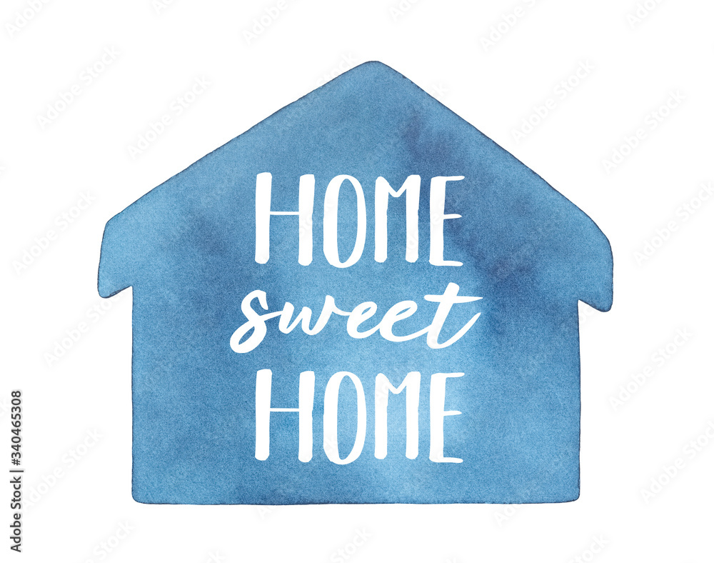 Watercolor illustration of decorative navy blue house shape with inspirational phrase: 
