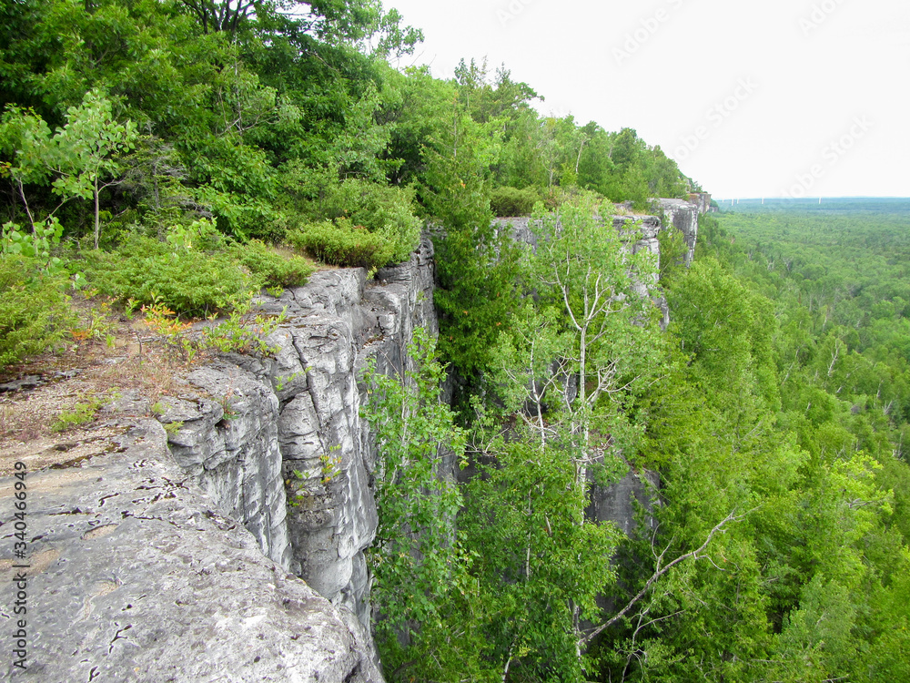 A long rock face cliff covered in trees overlooking a forest on Manitoulin island.