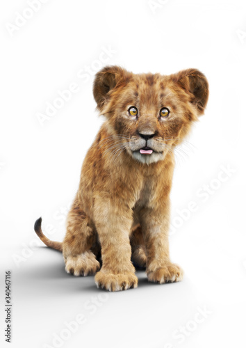 Portrait of a adorable lion cub sticking his tongue out on a white background. Humorous wildlife 3d rendering