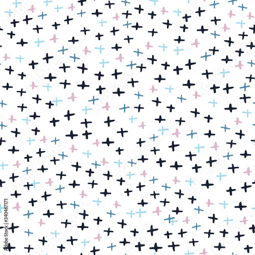 Hand drawn cross seamless pattern. Doodle plus sign wallpaper.