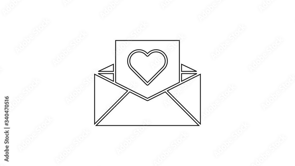 Black line Envelope with Valentine heart icon isolated on white background. Message love. Letter love and romance. 4K Video motion graphic animation