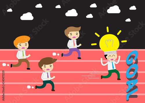 running businessman at the finishing line. wins Race target success. Bulb idea concept.