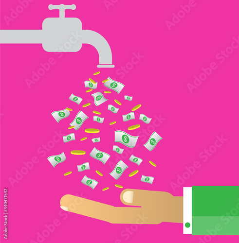 passive income concept vector Illustration. Money fall out of faucet. businessman open faucet. Bulb Idea concept, hand