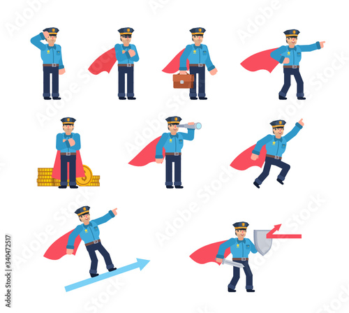 Set of policeman characters in super hero outfit showing various actions. Flat design vector illustration