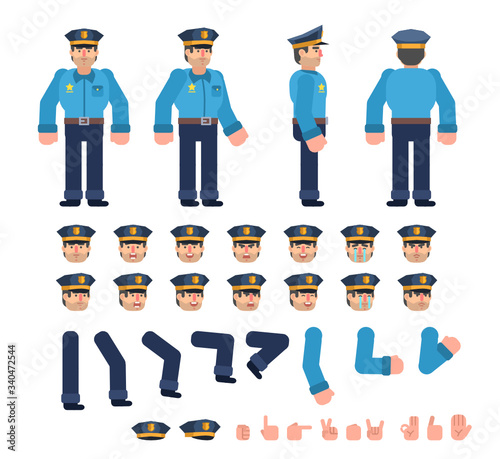 Young policeman creation kit. Create your own pose, animation. Flat design vector illustration