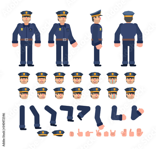 Young policeman creation kit. Create your own pose, animation. Flat design vector illustration