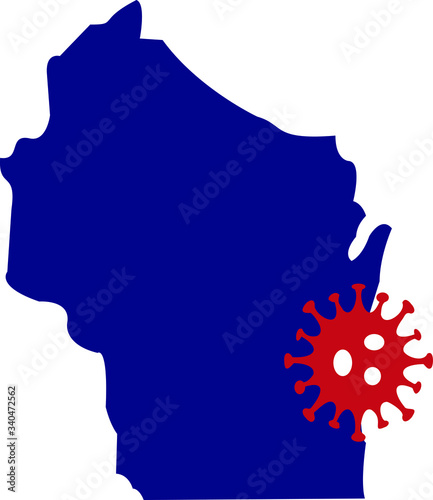 Map of Wisconsin state with a Coronavirus graphic icon (COVID-19). Also useful for flu season