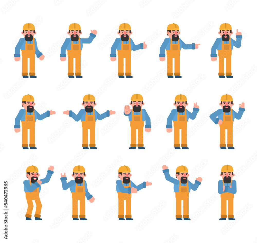 Set of worker characters showing various hand gestures. Worker with hard hat pointing, showing thumb up, victory sign and other gestures. Flat design vector illustration