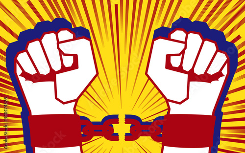 Hands in fetters with clenched fists break chain. Symbol of liberation and freedom. Revolution, call to fight. Vector bright dynamic cartoon illustration. Pop art