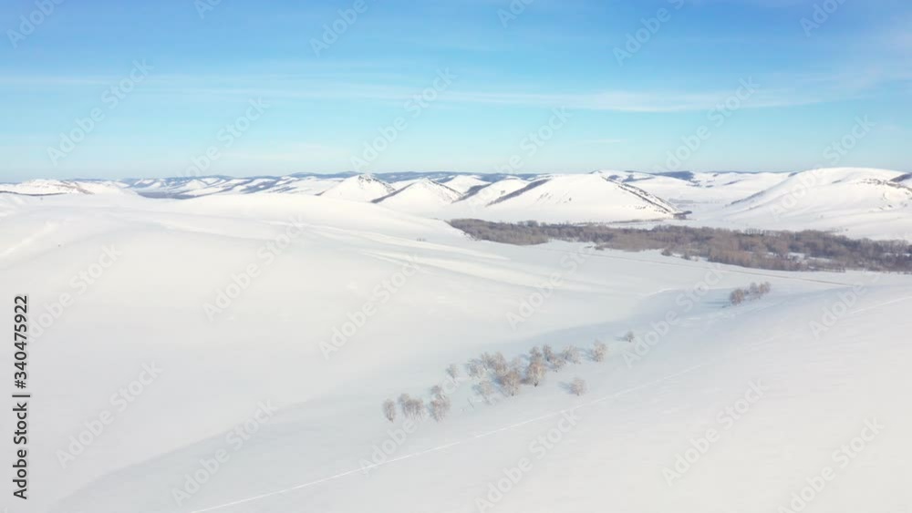 Snowy mounds landscape on a winter sunny day with a deep ravine and rare trees in it. Aerial drone shot Snowy mounds landscape on a winter sunny day with a deep ravine and rare trees in it. Aerial drone shot