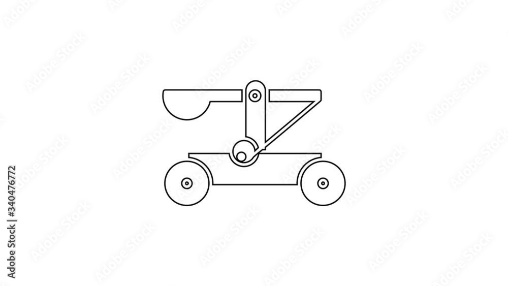 Black line Old medieval wooden catapult shooting stones icon isolated on white background. 4K Video motion graphic animation Black line Old medieval wooden catapult shooting stones icon isolated on white background. 4K Video motion graphic animation