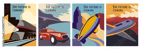 Set of Retrofuturism poster designs depicting a train, car, hot air balloon and airplane with text - The Future Is Coming, vector illustration