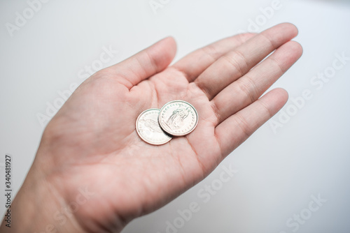 women hand holding yen coin.