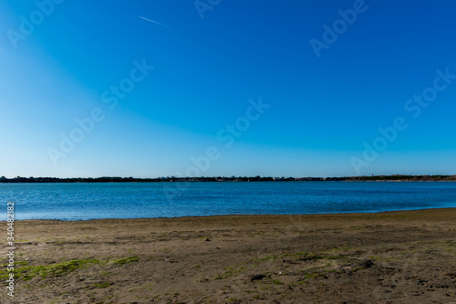 A wide angle landscape view of a pond and its sand beach in the Camargue natural park, Occitanie, France with the clear blue sky
