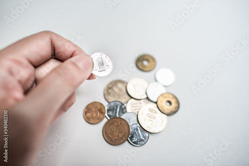 Japanese yen coins on white background.