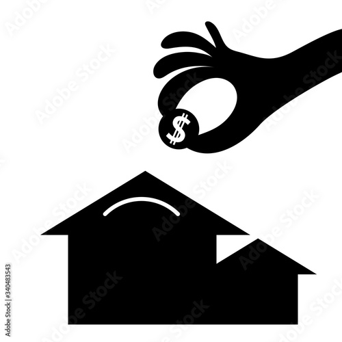 home bank and hand with coin. Black icon isolated on white background. Saving and accumulating money concept. Flat vector illustration design.