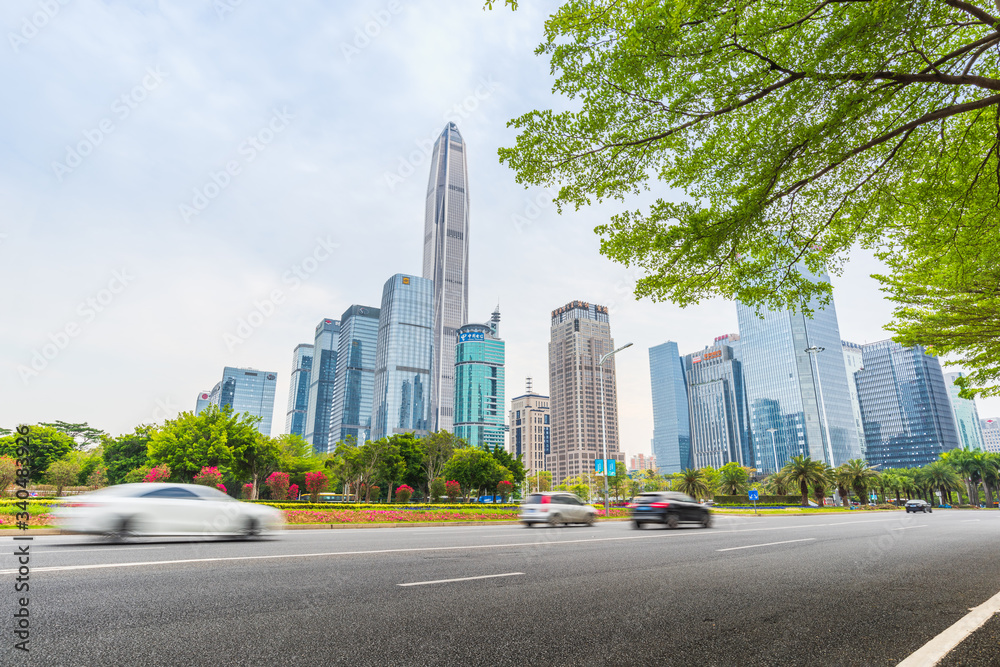 Urban scenery and road traffic of Shenzhen Futian CBD