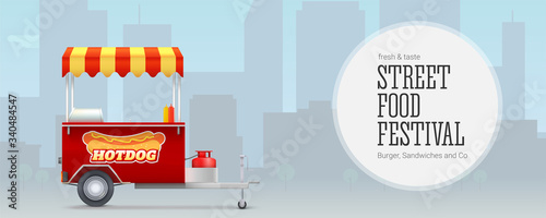 Fast food cart on backdrop of big city. Template for street food festival. Delivery service, street market. Banner with hot dog vehicle for Advertising design. Vector 3d illustration