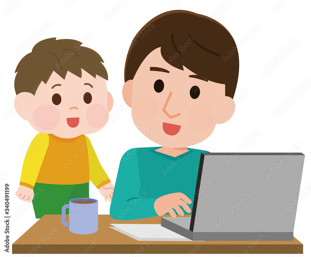 リモートワーク　父親と子供　在宅　イラスト