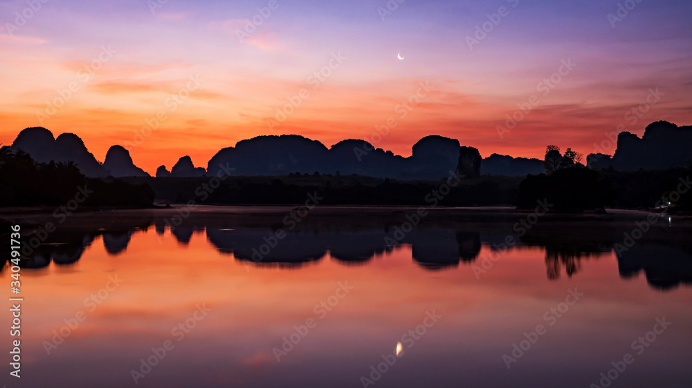 Nong Talay at dawn with moon, Krabi