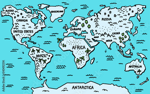 Blue vector sketch of world map. Trees and mountains. Childrens cartoon map. Hand-drawn line illustration.