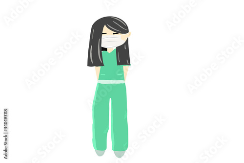 Green nurse covered the nose with a white cloth mask.
