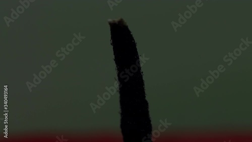 Macro studio shot: candle flame burning wick is extinguished and burned out