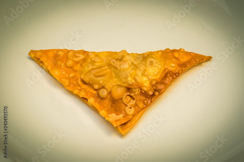 Fried pork dumplings on a white plate. photo