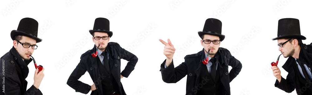 Young detective with smoking pipe isolated on white Young detective with smoking pipe isolated on white