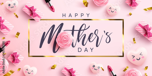 Mother's Day Poster or banner with sweet hearts and pink gift box on pink background.Promotion and shopping template or background for Love and Mother's day concept.Vector illustration eps 10