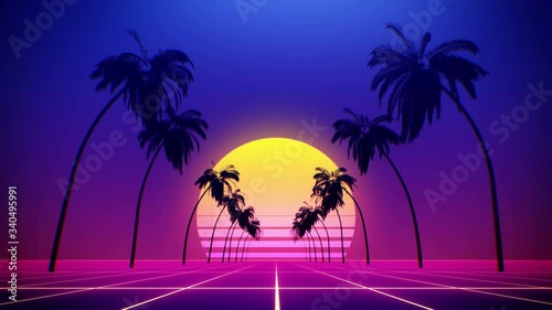 80's retro style background with tropical coconut trees and summer sunset from 3d render looped.
