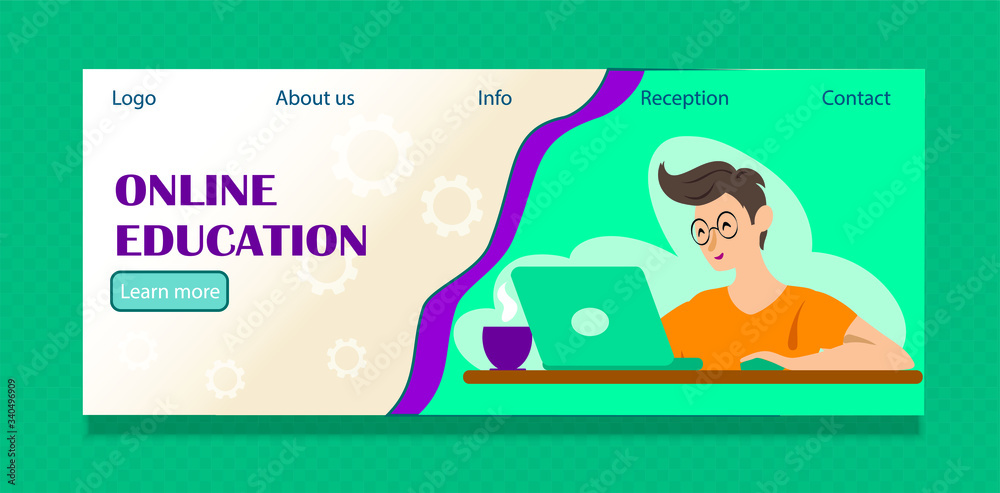 WEB banner Stay home in quarantine. Online education concept, meditate and relax. Boy is sitting at table and looking at laptop. Corona viruses concept of 2019-ncov. vector illustration in flat style.