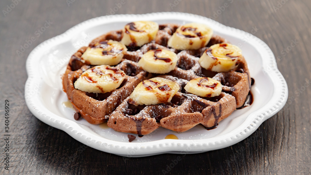 Chocolate banana waffle with caramel sauce Chocolate banana waffle with caramel sauce