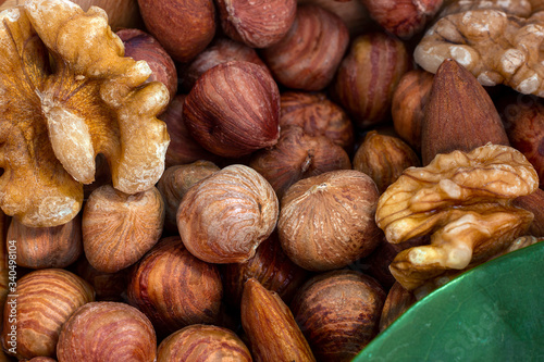 Almonds, walnuts and hazelnuts. Without shell. Close-up view