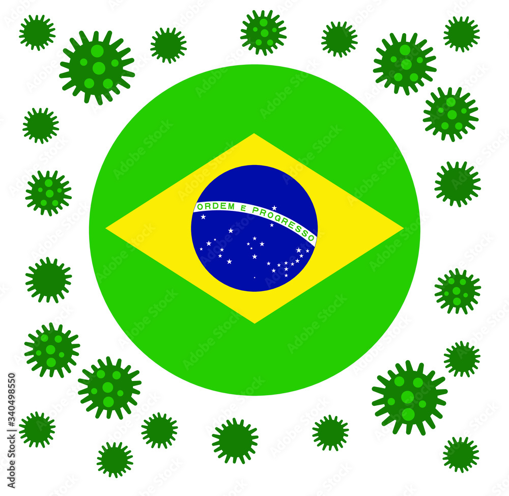 Flag of Brazil  with outbreak deadly coronavirus covid-19. Banner with the spread of Coronavirus 2019-nCoV virus strain. A large coronavirus bacteriums against background of the national flag Brazil