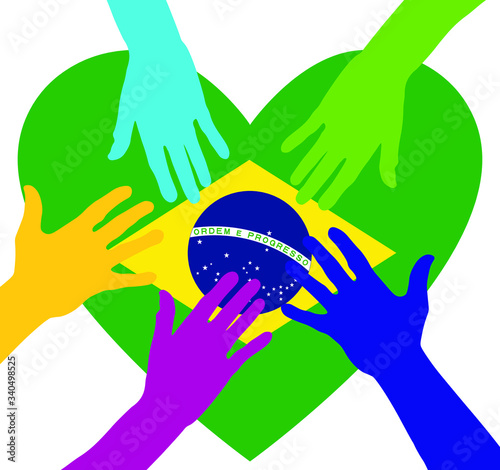 Care and charity concept - hands on the Brazil Flag Heart. Patriotic concept. People raising their hands to become volunteers. The concept of big problems because of the coronavirus pandemic.