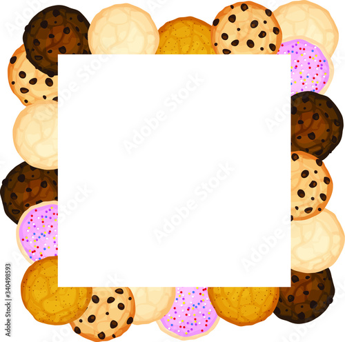 Chocolate chip, fudge, sugar, peanut butter, and iced sprinkle cookies framing a blank white box. Copy space. Isolated vector image.