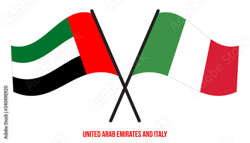 United Arab Emirates and Italy Flags Crossed And Waving Flat Style. Official Proportion