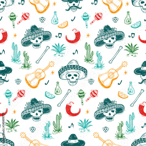 Mexico Vector Seamless Pattern. Dia de los Muertos. Day of the Dead. Background with Mexican Holiday Symbols: Mexican Skulls, Guitar, Cactus, Bones, Maracas, Tequila Agave, Chile Pepper
