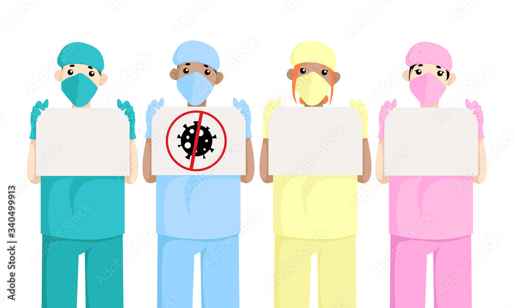 Vector collection of medical staff, doctor and nurses in face mask holding white posters with place for text. Isolated on white background. Coronavirus Covid-19 awareness campaign for social media. Vector collection of medical staff, doctor and nurses in face mask holding white posters with place for text. Isolated on white background. Coronavirus Covid-19 awareness campaign for social media.