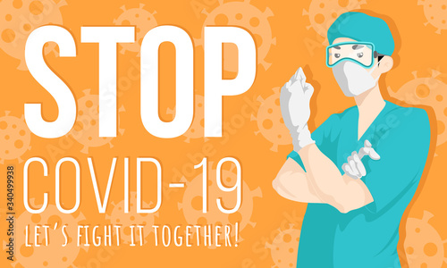 Vector motivation illustration with doctor with face mask requesting people avoid 2019-ncov and Covid-19 spreading by staying at home. Stop coronavirus horizontal concept banner.