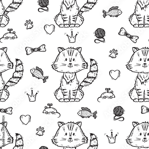 Cute Kitten. Vector Seamless pattern with Hand Drawn Doodle Cat and accessories for Pets 