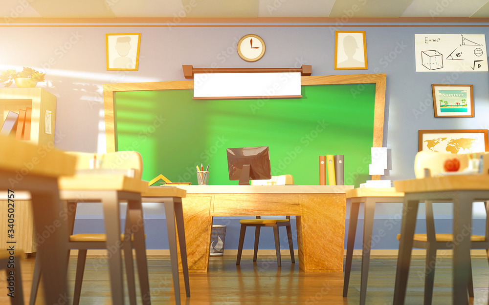 Empty school classroom in cartoon style. Teacher's desk. Education concept without students. 3d rendering interior illustration background. Back to school design template. Empty school classroom in cartoon style. Teacher's desk. Education concept without students. 3d rendering interior illustration background. Back to school design template.