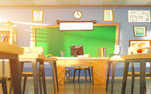 Empty school classroom in cartoon style. Teacher's desk. Education concept without students. 3d rendering interior illustration background. Back to school design template.