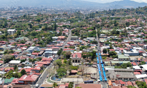 Aerial of San Rafael de Escazu, Costa Rica with the traditional Church and farmers market. photo