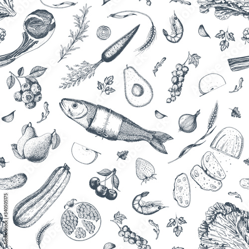 Healthy food seamless pattern. Hand drawn vector illustration. Background with vegetables, fruits and meat. Organic food set