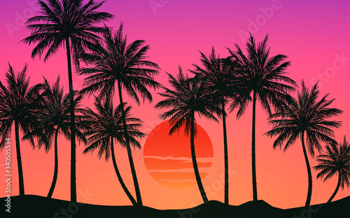 Natural Coconut trees. Mountains horizon hills. Silhouettes of palm trees and hills. Sunrise and sunset. Landscape wallpaper. Illustration vector style. Colorful view background.