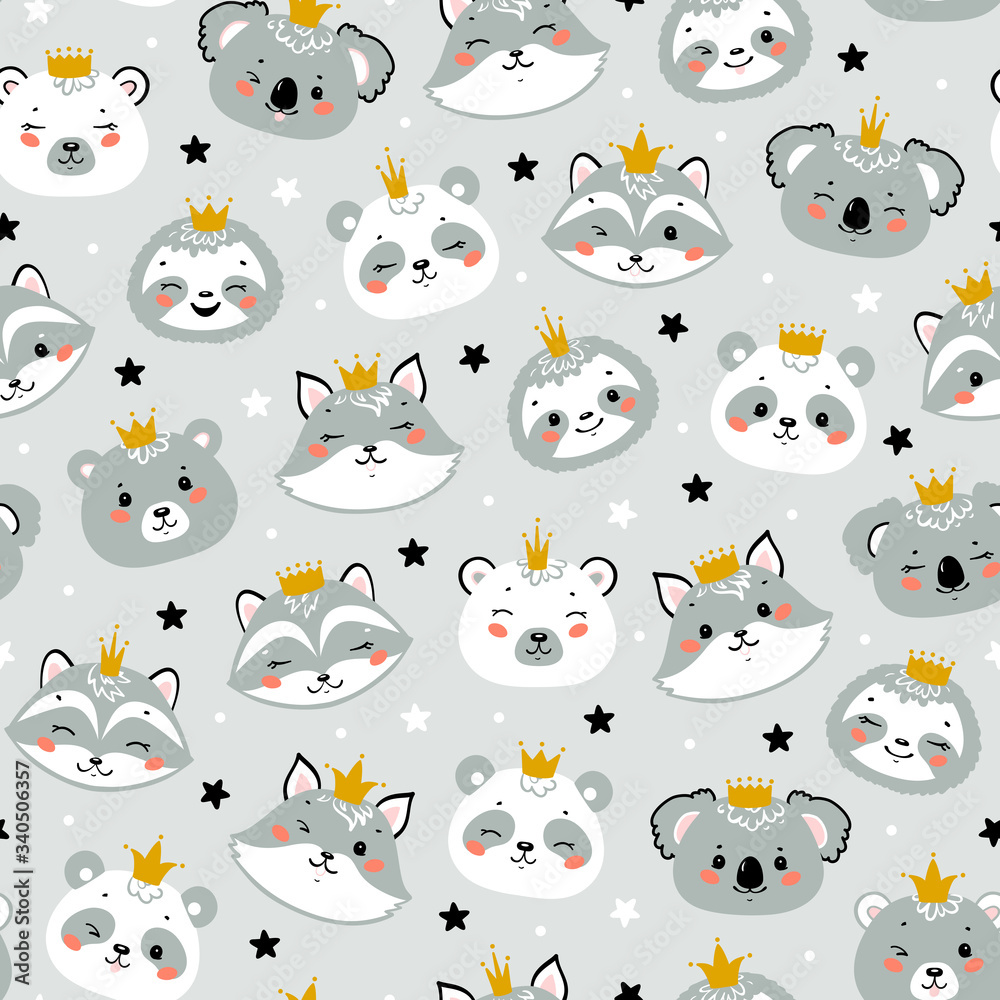 Cute Princess Animals Heads Vector Seamless Pattern. Cartoon Kawaii Wild Animal Faces with Crown Childish Vector Background for Kids Fashion Design
