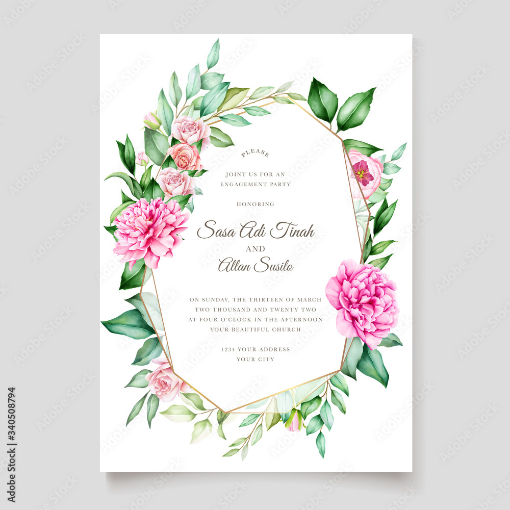 elegant wedding card with beautiful floral and leaves template